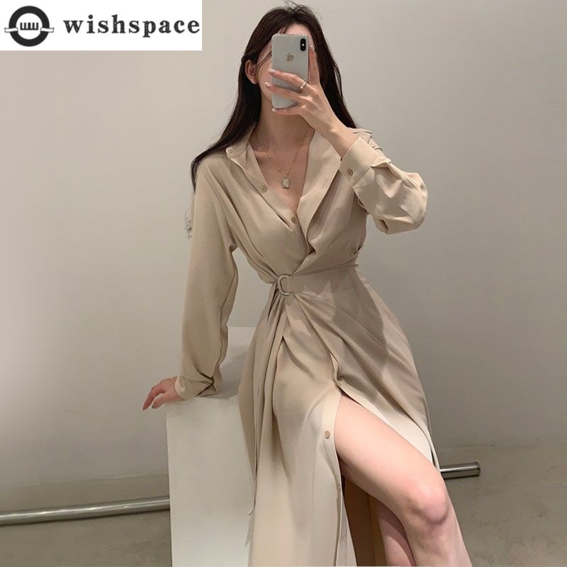 Korean Style A Line Shirt Dress - Abito stile camicia con risvolto a